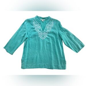 JM Collection Women’s Embroidered V-neck Linen Tunic Top 3/4 Sleeves Size 14